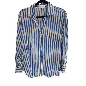 Mango MNG Blue White Striped Button Down Shirt Blouse Size M Lightweight Casual